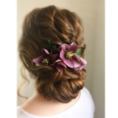 red hair updo with fresh flowers hellebores www.carolannearmstrong.com